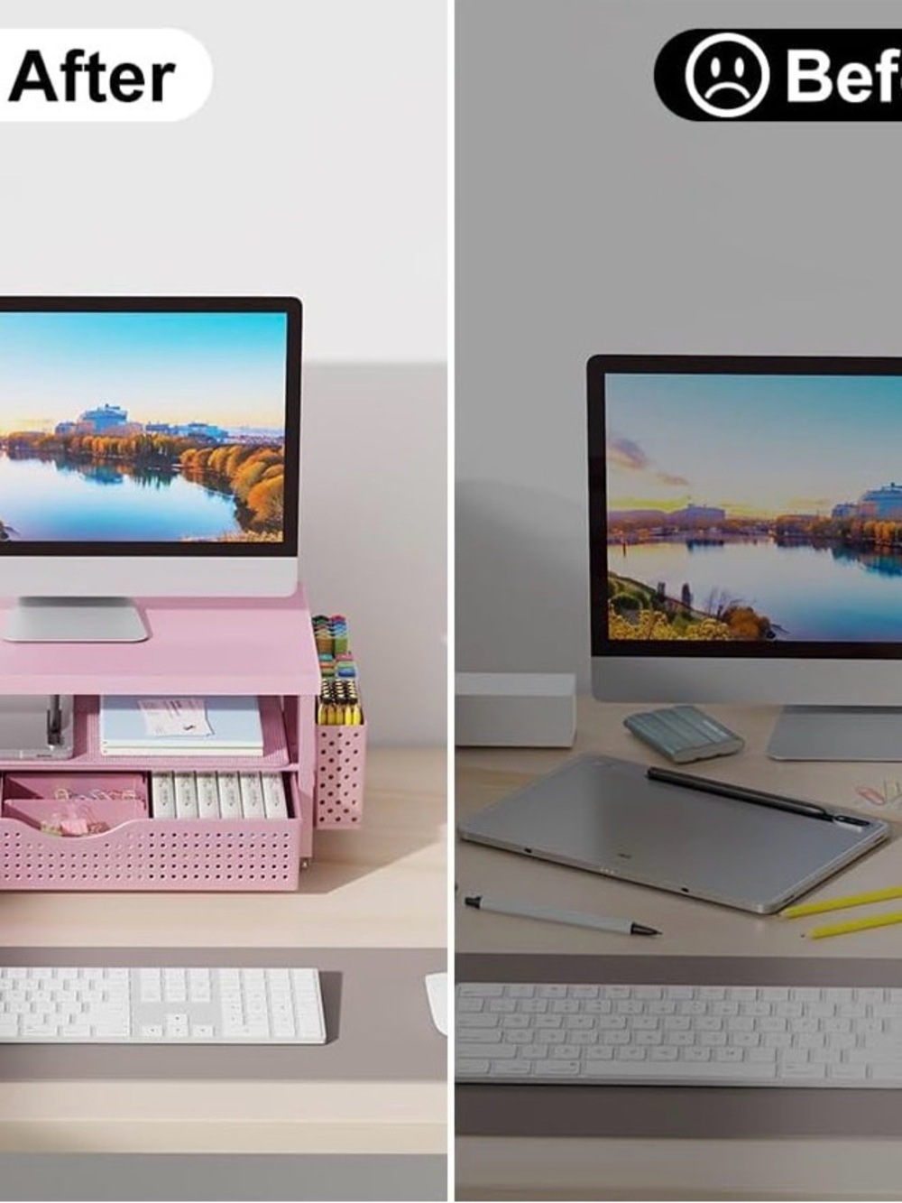 Pink Desktop Monitor Riser with Storage - Home Office Organizer